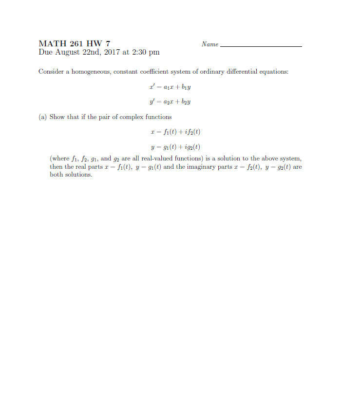 Solved MATH 261 HW7 Due August 22nd, 2017 at 2:30 pm | Chegg.com