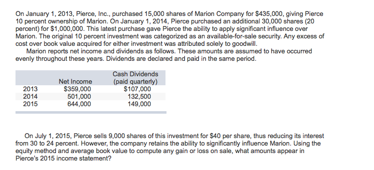 course hero on january 1 2013 pierce inc purchased 15000 shares of marion company for $435,000