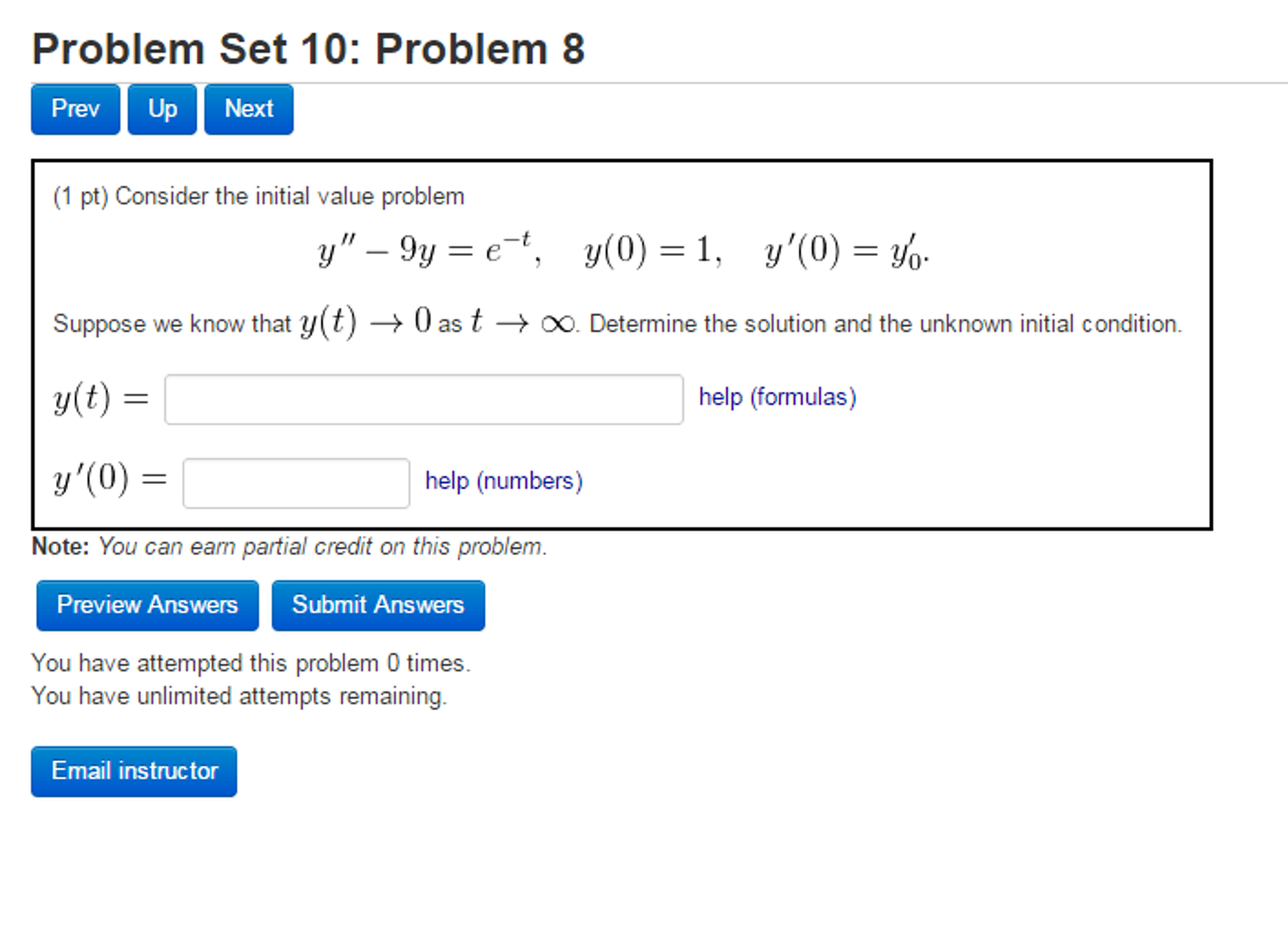 Solved Consider The Initial Value Problem Y" - 9y = E^-t, | Chegg.com