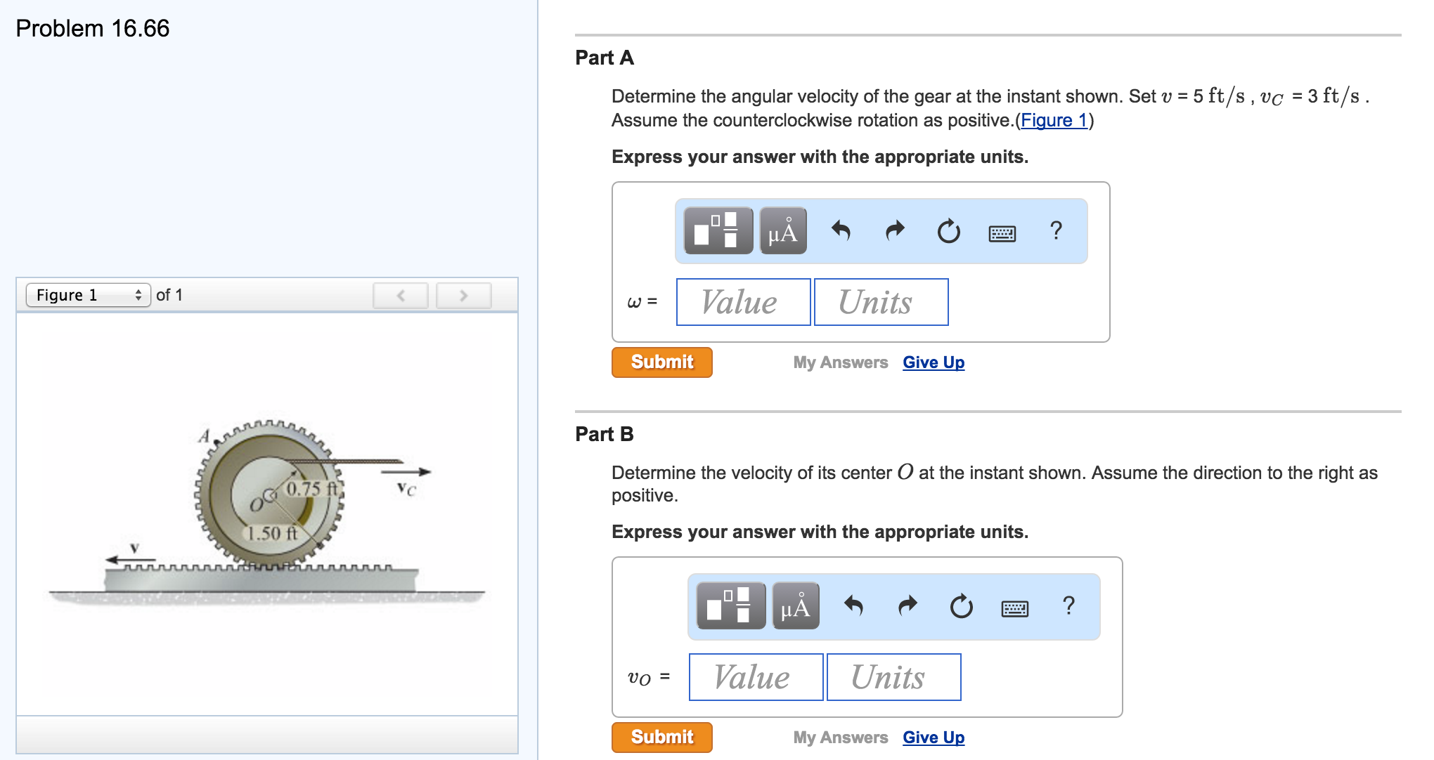 Determine the angular velocity of the gear at the