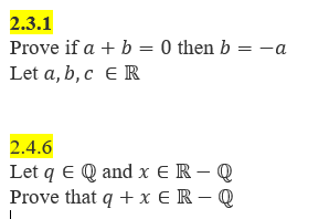 Solved 2.3.1 Prove If A B 0 Then B -a Let A, B, C ER 2.4.6 | Chegg.com