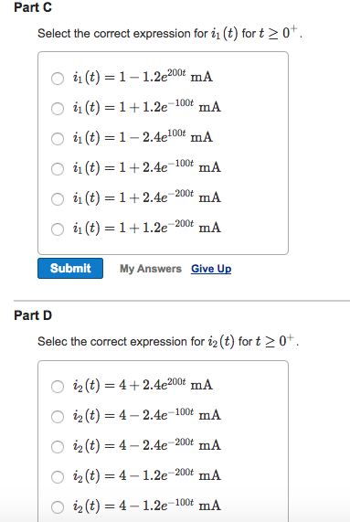 Solved Select the correct expression for vo (t)fort2 0 | Chegg.com