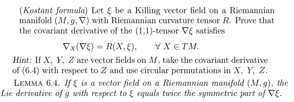 (Kostant formula) Let ? be a Killing vector field on | Chegg.com