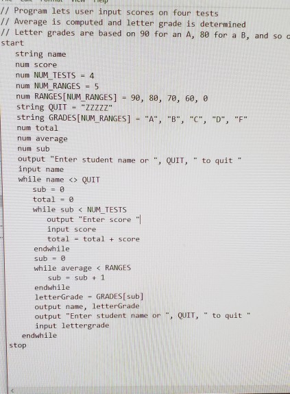 Solved // Program lets user input scores on four tests // | Chegg.com