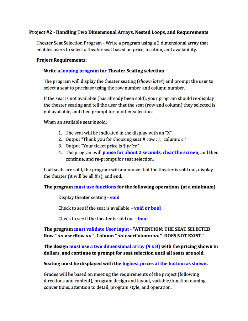 Solved Project #2-Handling Two Dimensional Arrays, Nested | Chegg.com