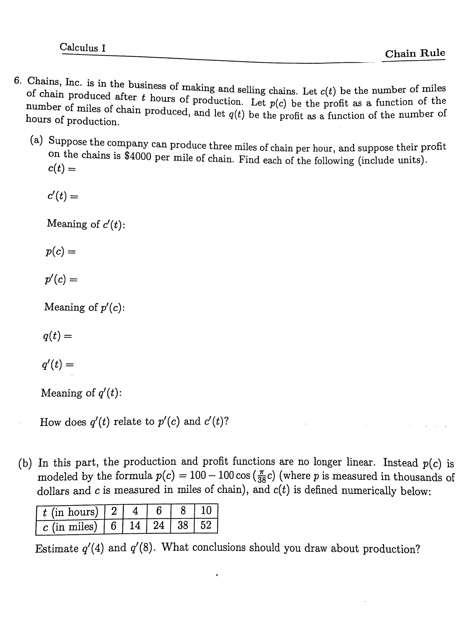 Solved Calculus I Chain Rule 6. Chains, Inc. is in the