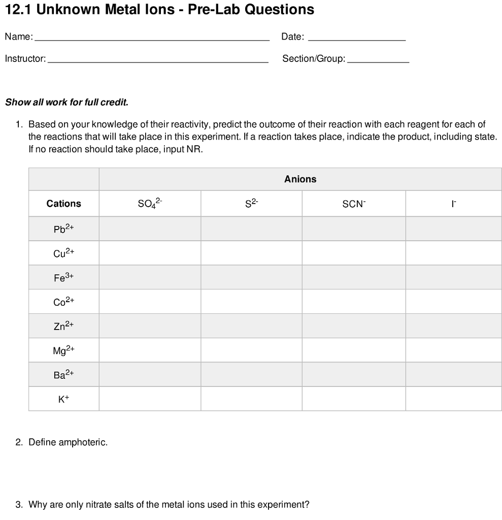 Solved 12.1 Unknown Metal Lons Pre-lab Questions Name 