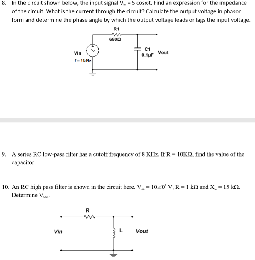 Solved 8. In the circuit shown below, the input signal Vin 5