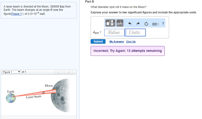 Solved Part A A laser beam is directed at the Moon, 380000