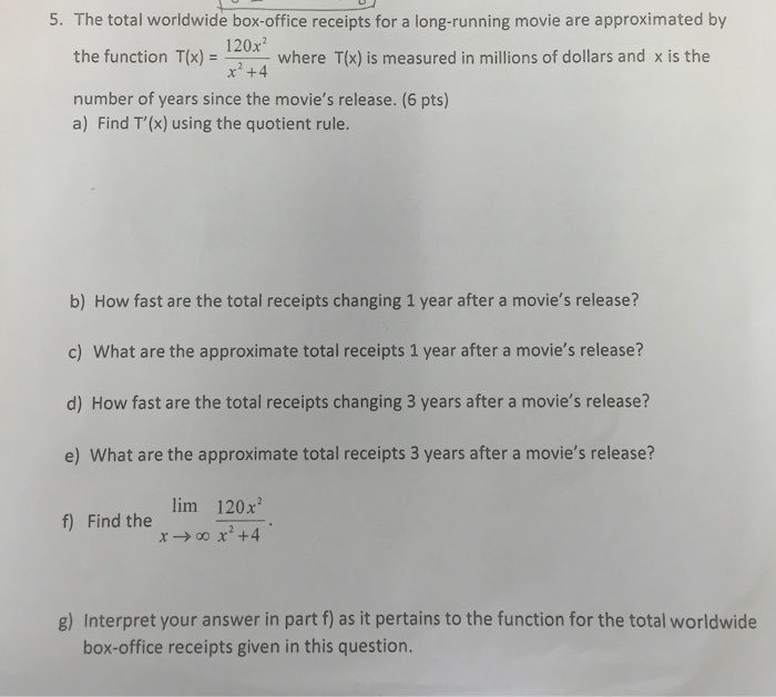 Solved The total worldwide boxoffice receipts for a