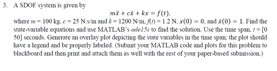 Solved 3. A SDOF system is given by mx+CX+kx = f(t) where m | Chegg.com