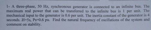 Solved A three-phase, 50 Hz, synchronous generator is | Chegg.com