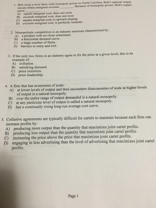 Solved Bob owns a trout farm with monopoly power in North | Chegg.com