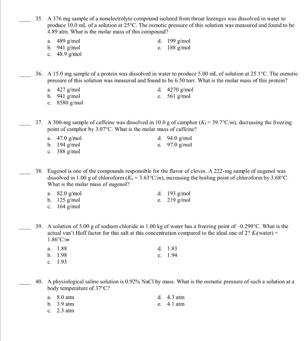 Solved A 376 mg sample of a nonelectrolyte compound isolated | Chegg.com