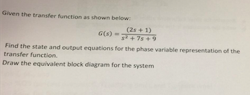 Solved Given the transfer function at shown below: G(s) = | Chegg.com