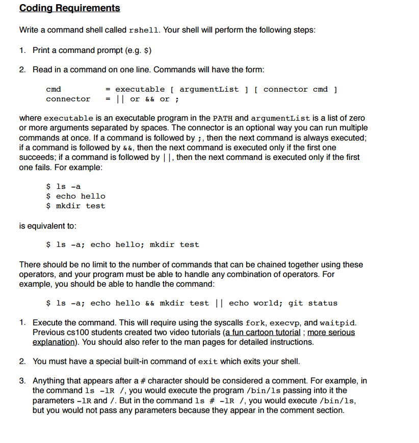 Solved Coding Requirements Write a command shell called | Chegg.com