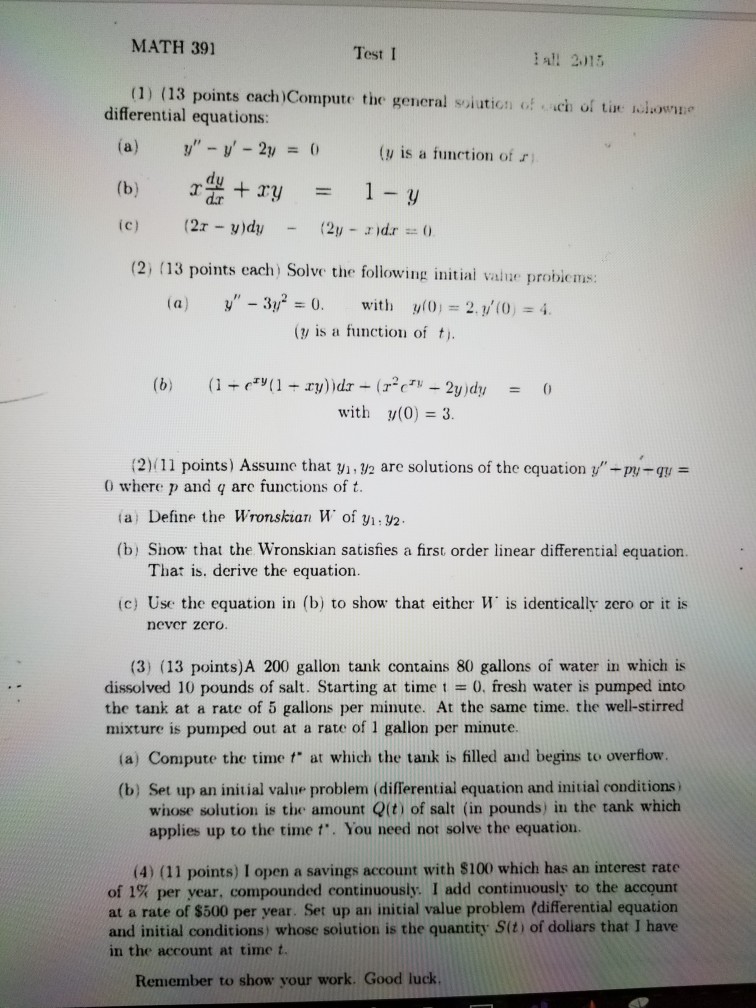 Solved MATH 391 Test I ial 201 (1) (13 points cach)Compute | Chegg.com
