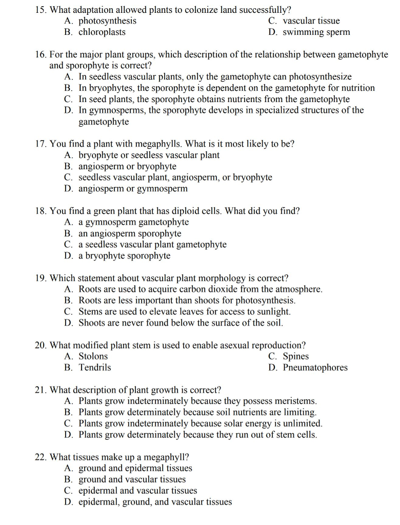 Solved 15. What Adaptation Allowed Plants To Colonize Lan...