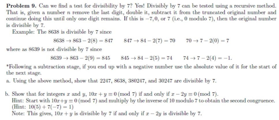 Solved Problem 9. Can we find a test for divisibility by 7? | Chegg.com