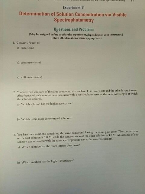 Solved Experiment 11 Determination of Solution Concentration | Chegg.com