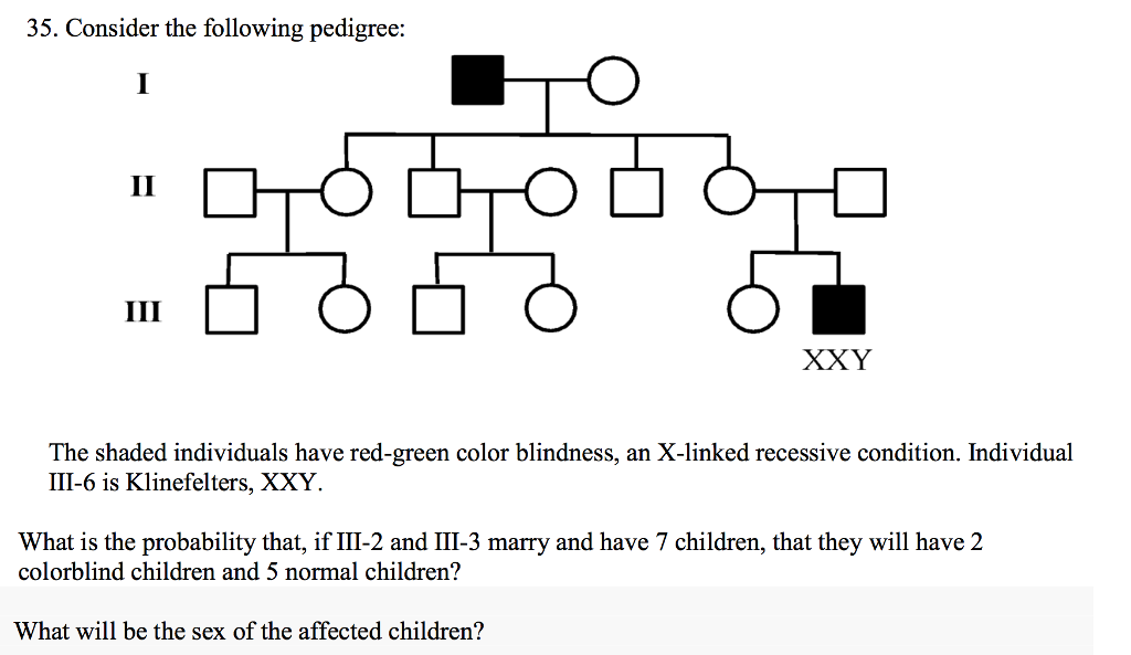 Solved 35. Consider the following pedigree 11, 5353 XXY The | Chegg.com