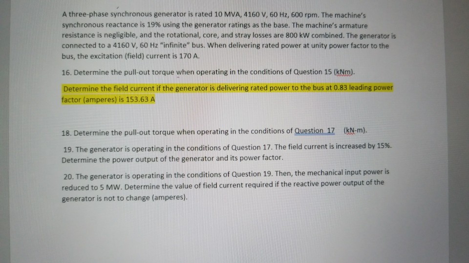 Solved A three-phase synchronous generator is rated 10 MVA, | Chegg.com