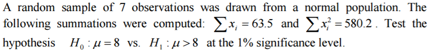 Solved A random sample of 7 observations was drawn from a | Chegg.com