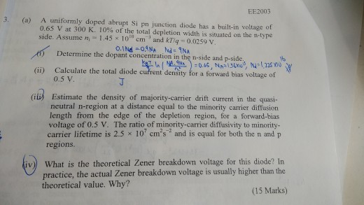 Solved EE2003 (a) A uniformly doped abrupt Si pn junction | Chegg.com