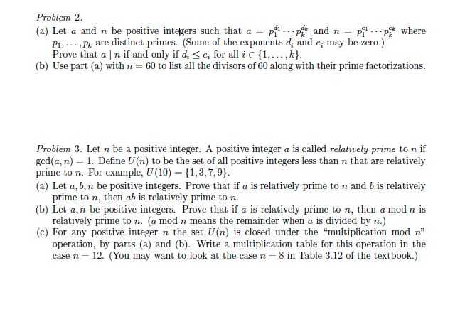Solved Problem 2 (a) Let a and n be positive integers such | Chegg.com
