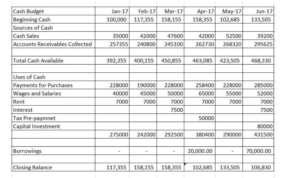 Cash Budget Beginning Cash Sources of Cash Cash Sales | Chegg.com