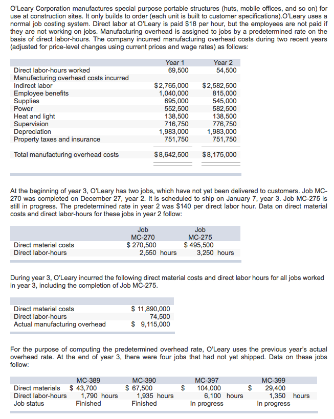 Solved O'Leary Corporation manufactures special purpose | Chegg.com