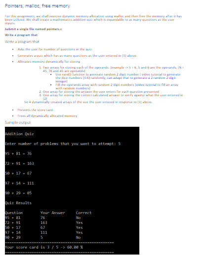 Solved Pointers, malloc, free memory for hin ai내nmint, war | Chegg.com
