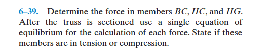 Solved 6-39. Determine the force in members BC, HC, and HG | Chegg.com