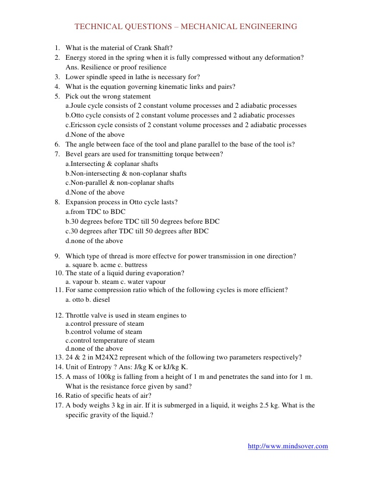 Solved TECHNICAL QUESTIONS MECHANICAL ENGINEERING 1. What is