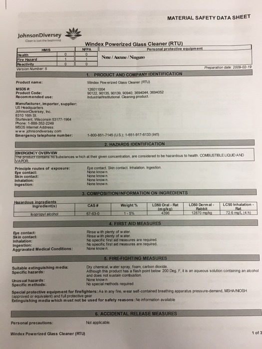 WINDEX GLASS CLEANER MSDS PDF DOWNLOAD