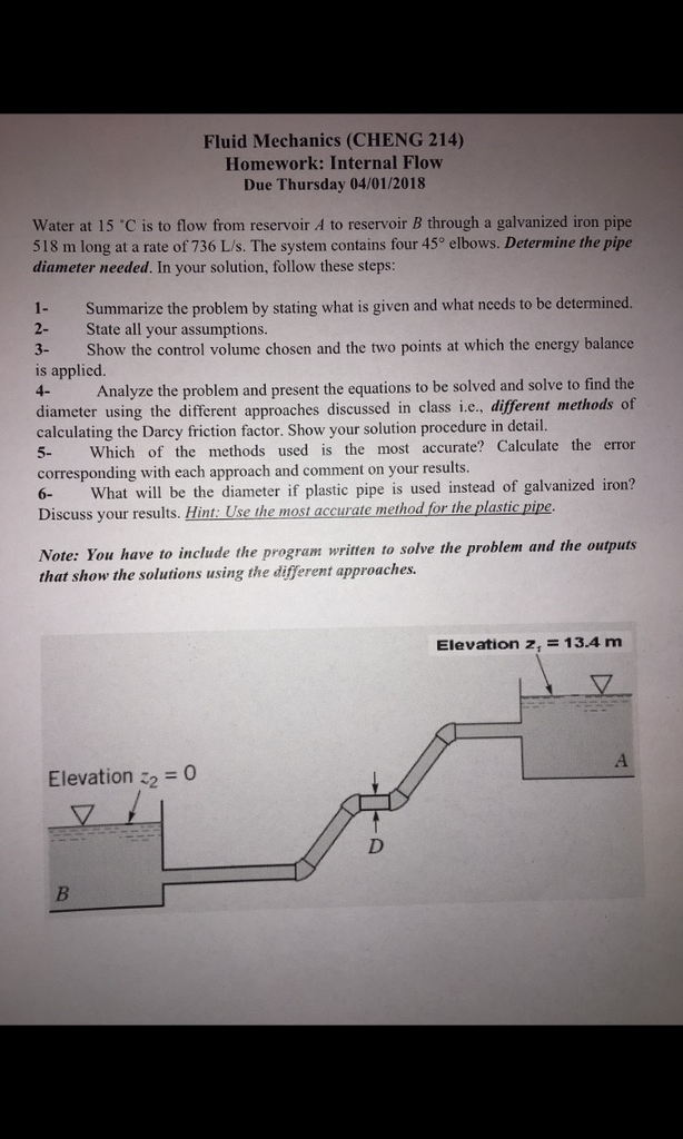 Solved Fluid Mechanics (CHENG 214) Homework Internal Flow