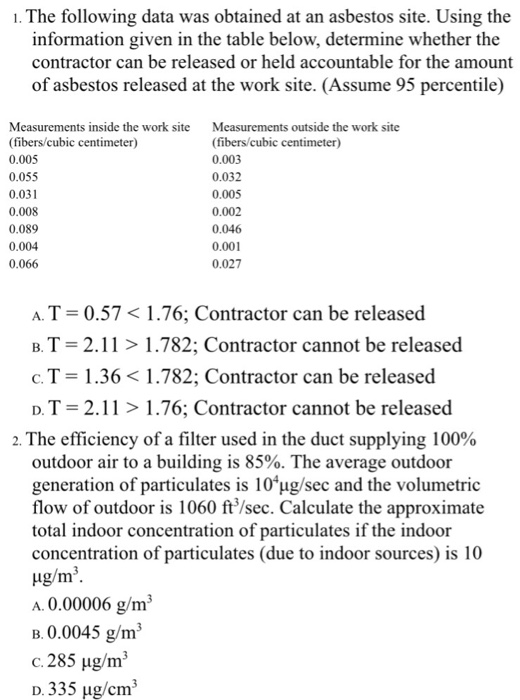 Solved The following data was obtained at an asbestos site. | Chegg.com