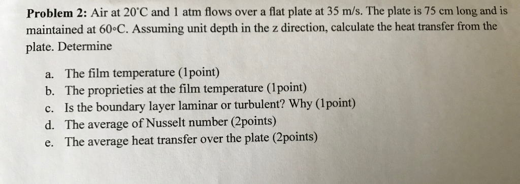 Solved Problem 2: Air at 20'C and 1 atm flows over a flat | Chegg.com