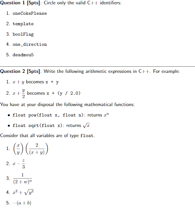 Solved question 1 5pts circle only the valid c chegg