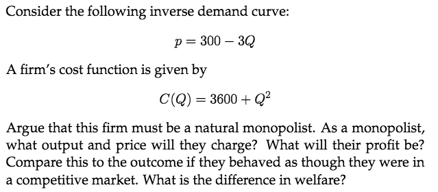 Solved Consider the following inverse demand curve: p = 300 | Chegg.com