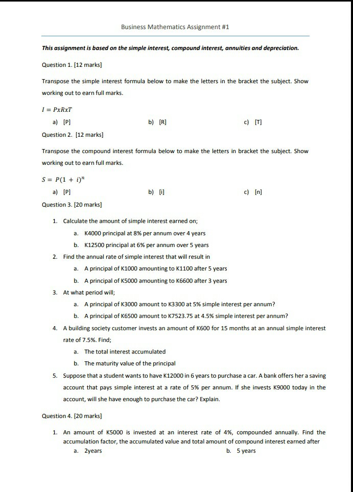 business mathematics assignment 1