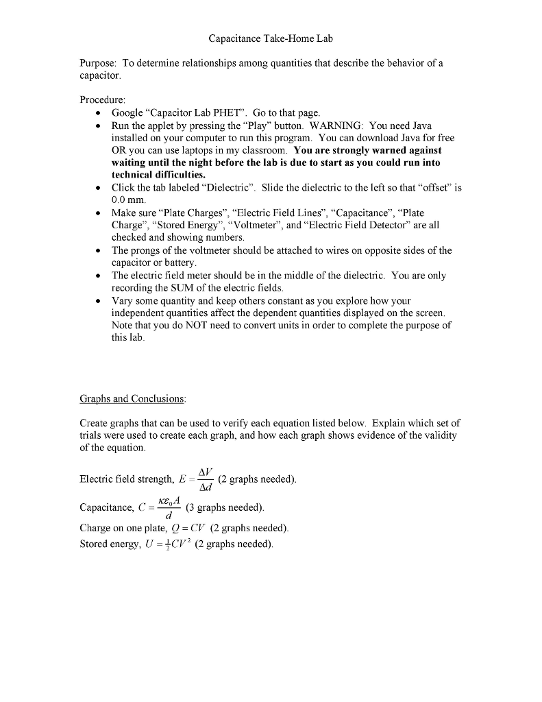 Solved Capacitance TakeHome Lab Purpose To determine