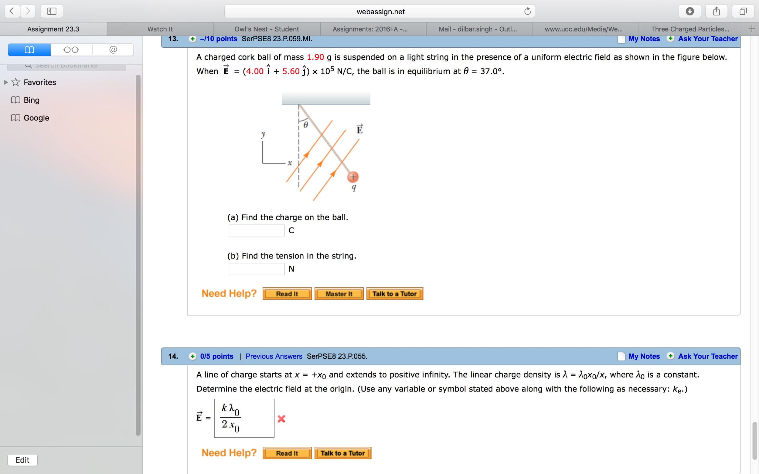 Solved A charged cork ball of mass 1.90 g is suspended on a