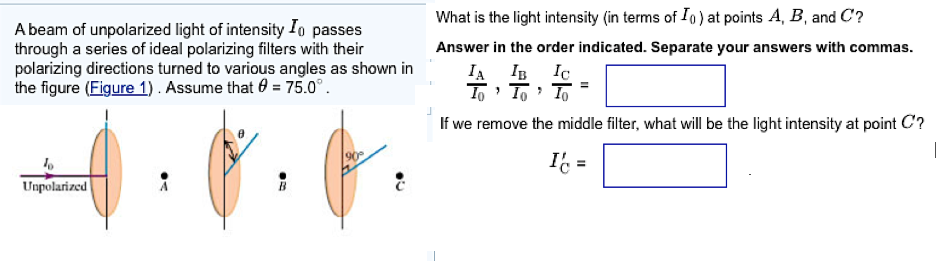 equation for light intensity through polarized filters