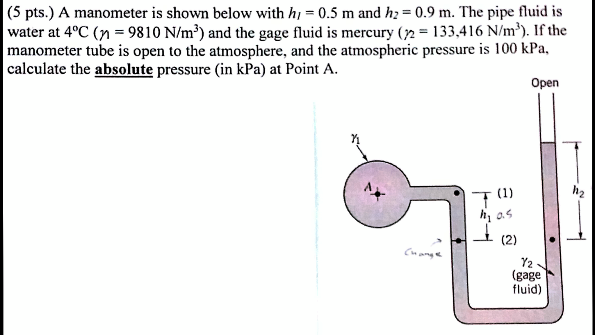 Solved A manometer is shown below with h_1 = 0.5 m and h_2 =