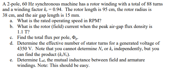 Solved A 2-pole, 60 Hz synchronous machine has a rotor | Chegg.com