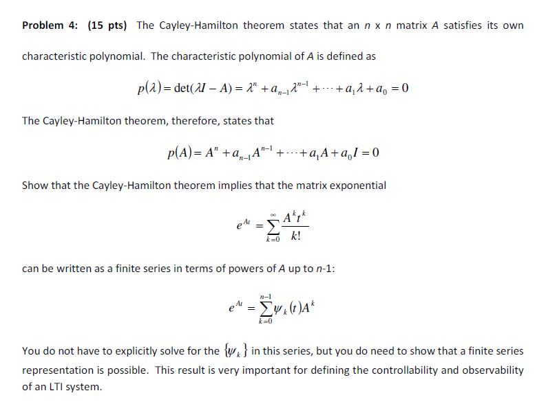 Solved Problem 4: (15 Pts) The Cayley-Hamilton Theorem | Chegg.com