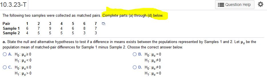 10.3.23-T Question Help The following two samples | Chegg.com