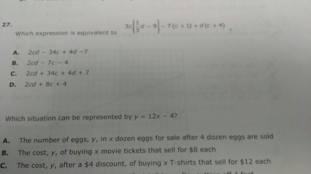Solved Which expression is equivalent to 3c [1/3 d - 9] - 7 | Chegg.com