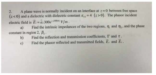 Solved 2. A plane wave is normally incident on an interface | Chegg.com